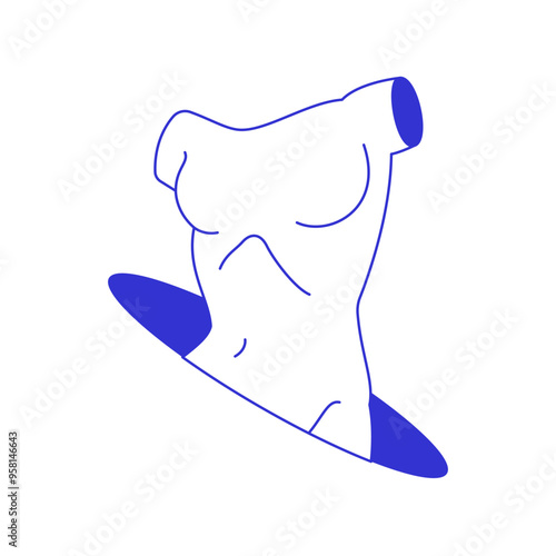 Y2k Greek female body torso monument in hole psychedelic contemporary pop art line icon vector flat illustration. Antique woman goddess marble sculpture comic blue sketch funky t shirt print