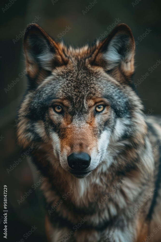 Close up portrait photo of a gray wolf canis lupus in its habitat. Beautiful wildlife photography. Close up portrait photo of a gray wolf canis lupus in its habitat. Beautiful wildlife photography.