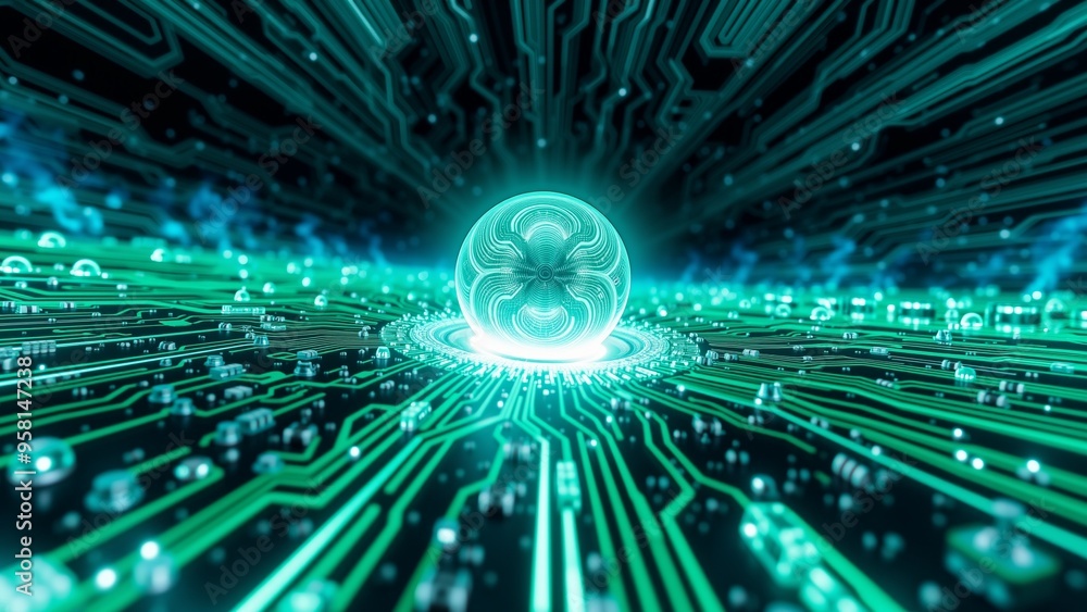 Obraz premium Futuristic Circuitry Glow, A glowing circular element illuminates a complex network of green and black lines resembling an advanced electronic circuit board. This image evokes technological.