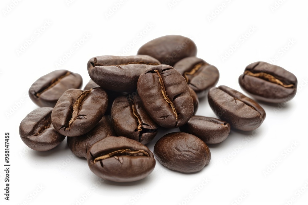 Roasted coffee beans are piled up on a white background, creating a visually appealing and aromatic scene Roasted coffee beans are piled up on a white background, creating a visually appealing and aromatic scene