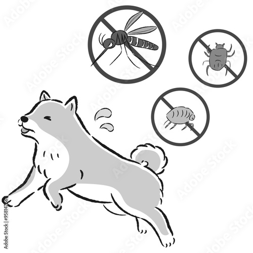 犬と害虫（蚊、ノミ、ダニ）のイラストセット