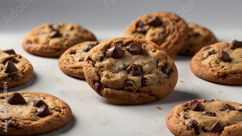 Chocolate chip cookies close up detail, perfect for bakery menus, food blogs, dessert recipes, and social media posts. Delicious treats!