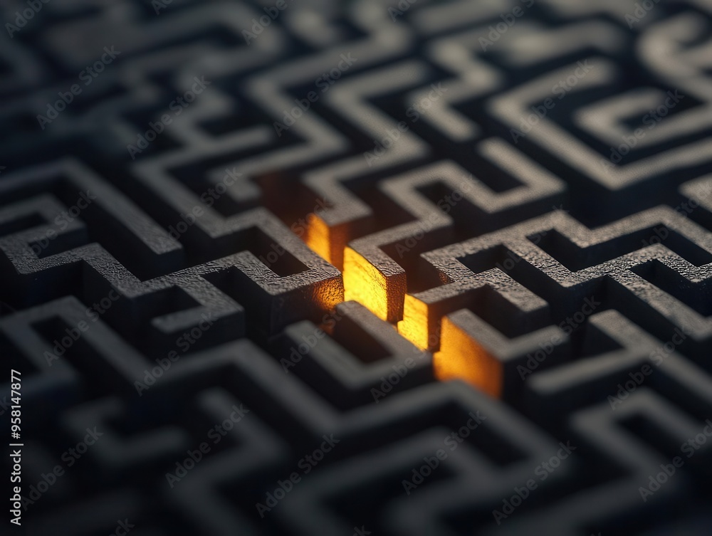 Golden light shining through a maze, illuminating the correct path Golden light shining through a maze, illuminating the correct path