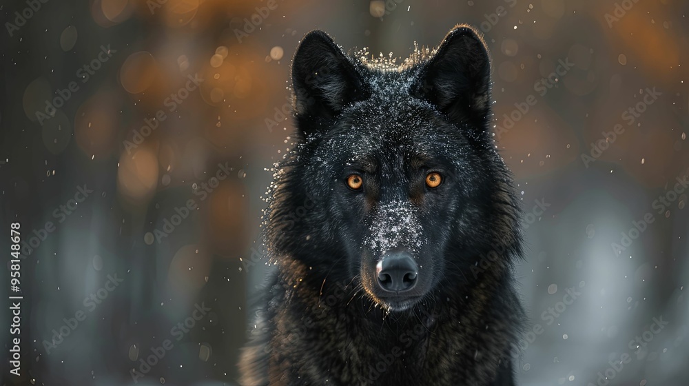 Black Wolf with Golden Eyes in a Snowfall Black Wolf with Golden Eyes in a Snowfall