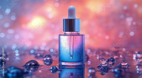 A vibrant skincare serum bottle surrounded by droplets on a colorful backdrop