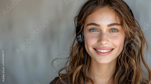 A woman with long brown hair and blue eyes smiles while wearing headphones