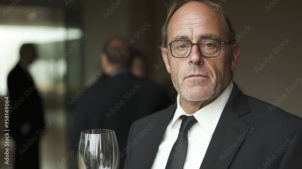Rich businessman in a suit mingling with guests at an upscale hotel party, upscale environment Rich businessman in a suit mingling with guests at an upscale hotel party, upscale environment