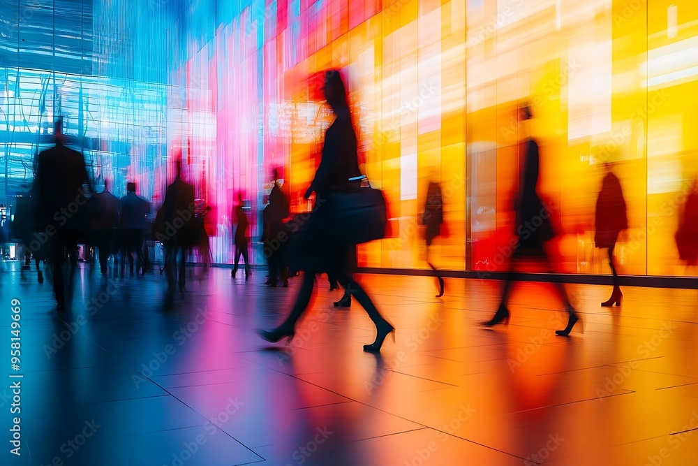 Blurred Silhouettes of People Walking in a Modern City Hallway - Photo