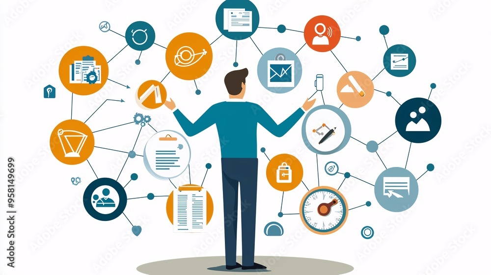 Innovative Businessman Engaged in Digital Brainstorming Surrounded by Mind Maps and Charts Innovative Businessman Engaged in Digital Brainstorming Surrounded by Mind Maps and Charts