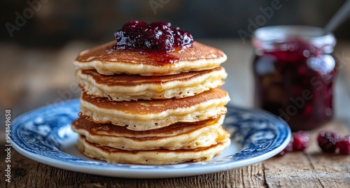 Stack of fluffy pancakes with berry jam on a rustic wooden table in a cozy kitchen setting