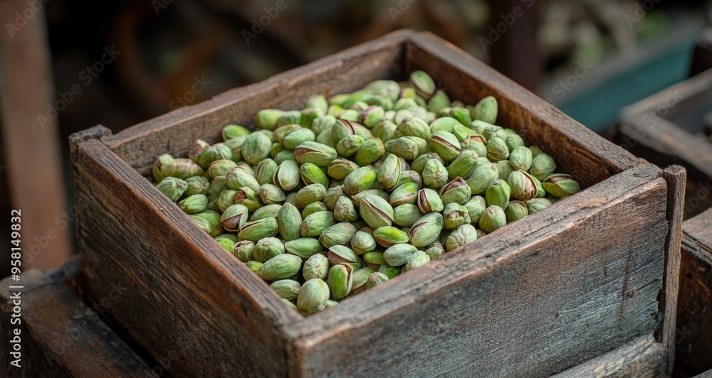 Freshly harvested green pistachios in a rustic wooden crate on a weathered blue surface