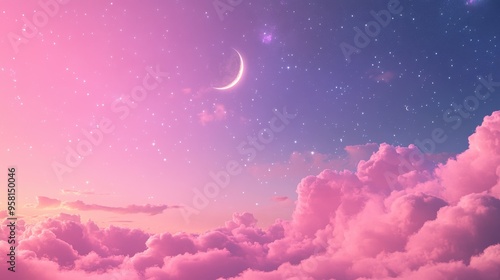 Super full pink moon with pink cloud sky in midnight,starry night,magic dream,Fantasy sky,romantic,strawberry moon,happy valentines day love concept,3d illustration.