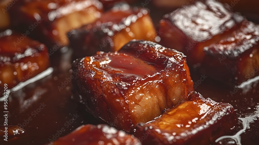 Sumptuous Braised Pork Belly in a Savory,Rich Sauce on Platter Sumptuous Braised Pork Belly in a Savory,Rich Sauce on Platter