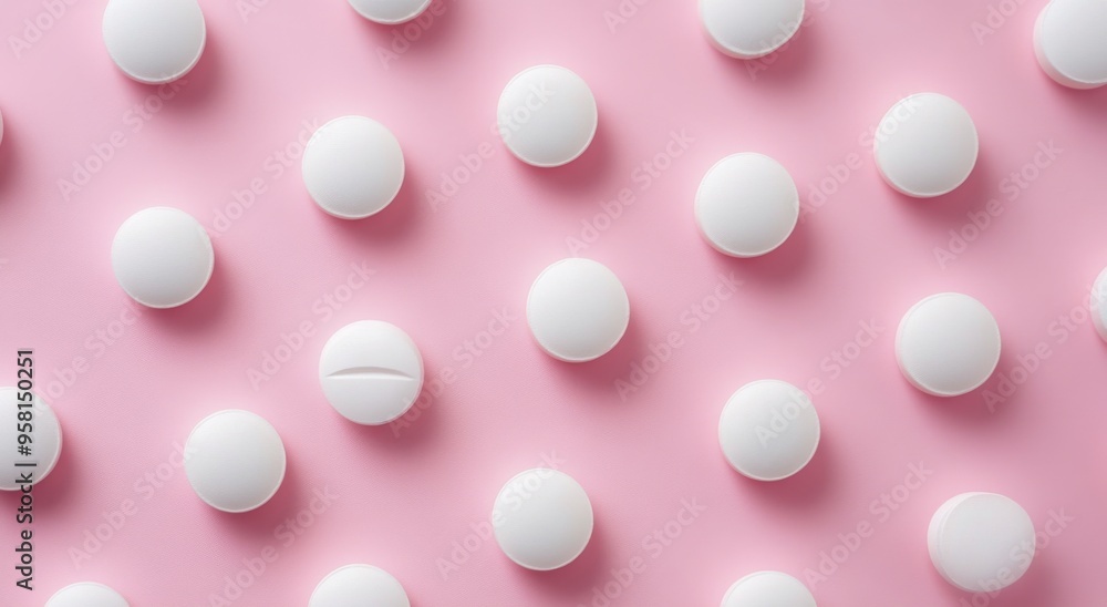White round tablets arranged neatly on a pink background in a medical context White round tablets arranged neatly on a pink background in a medical context