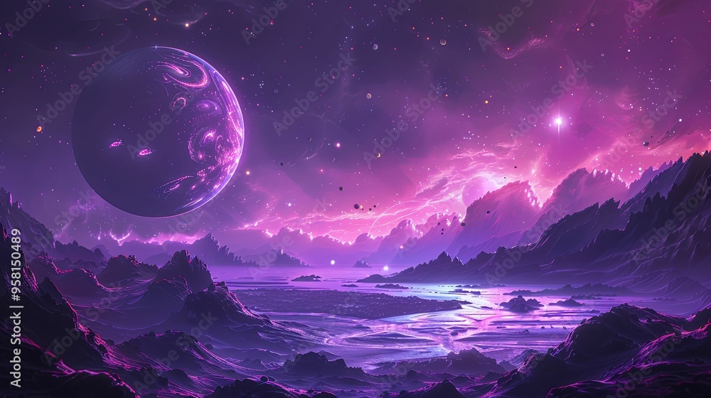 Purple Planet Landscape with Stars and Glowing Orb Purple Planet Landscape with Stars and Glowing Orb