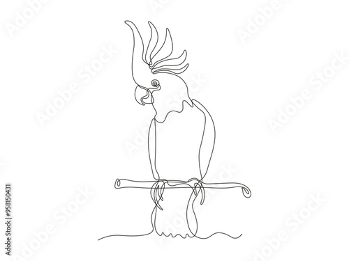 cockatoo parrot bird sitting on branch, continuous one line art hand drawing sketch, logo