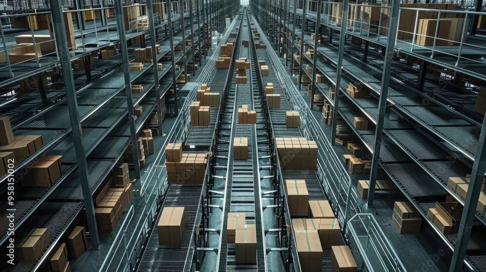 Extensive inventory stored in a large warehouse viewed from above during daylight hours Extensive inventory stored in a large warehouse viewed from above during daylight hours