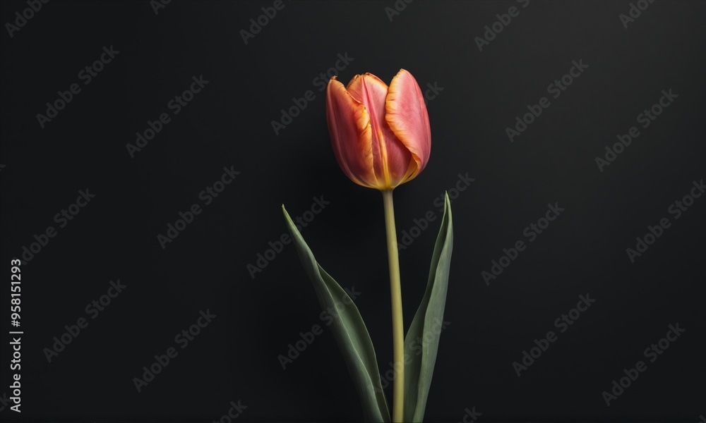 A single tulip with red and yellow petals against a black background