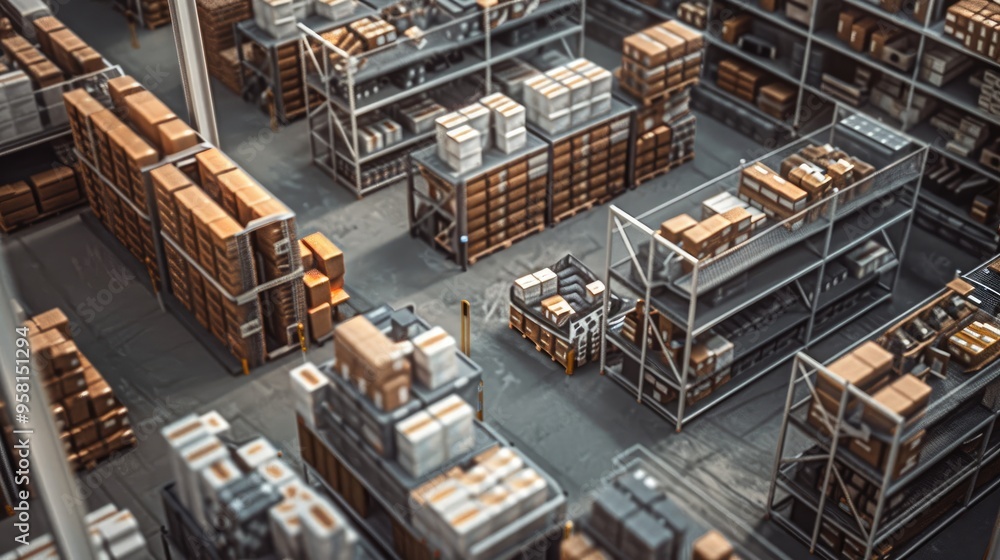 Extensive inventory stored in a large warehouse viewed from above during daylight hours Extensive inventory stored in a large warehouse viewed from above during daylight hours