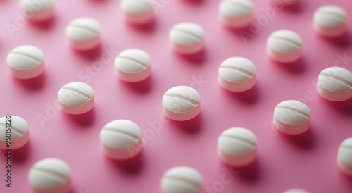 White round tablets arranged neatly on a pink background in a medical context