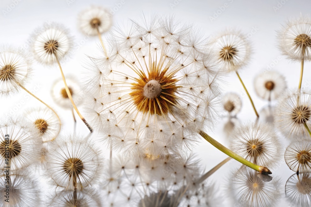 Photo image of isolated dandelion seeds scattered on a white background, with soft, warm lighting focussing on the delicate details of the seeds.