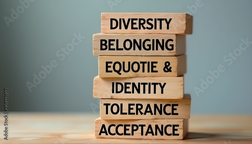 Diversity, inclusion symbol. Diversity belonging inclusion equity identity tolerance acceptance words written on wooden block. Beautiful grey background. photo