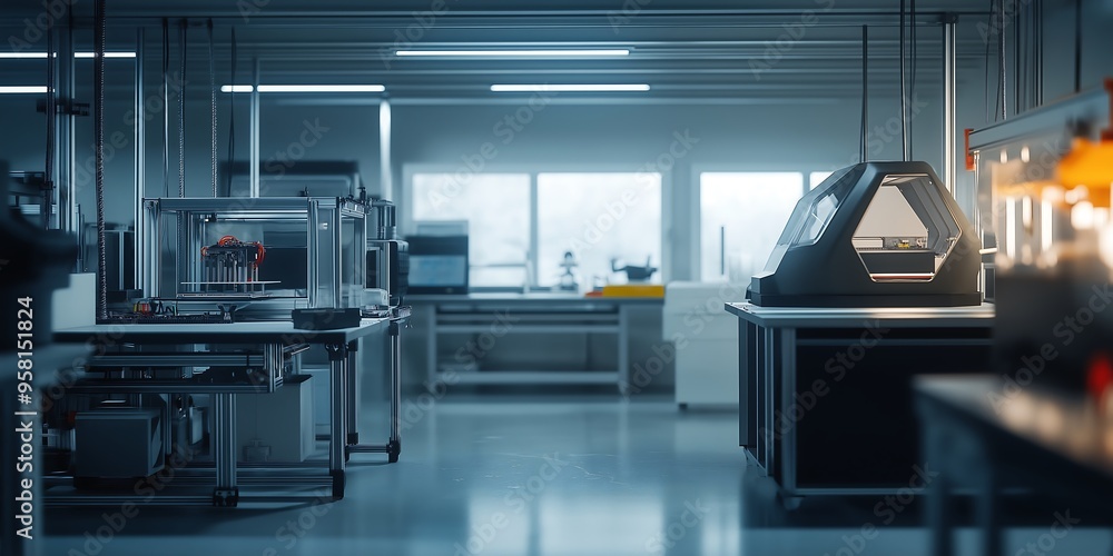 Innovative 3D Printing Studio with High-Tech Printers, Creative Prototypes, and a Futuristic Workspace 