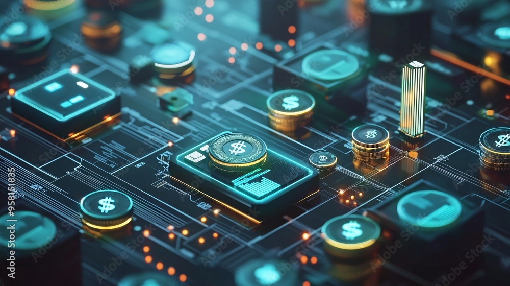 Title: 3D Render of an Advanced Investment Management Platform with Digital Money Allocati Title: 3D Render of an Advanced Investment Management Platform with Digital Money Allocati