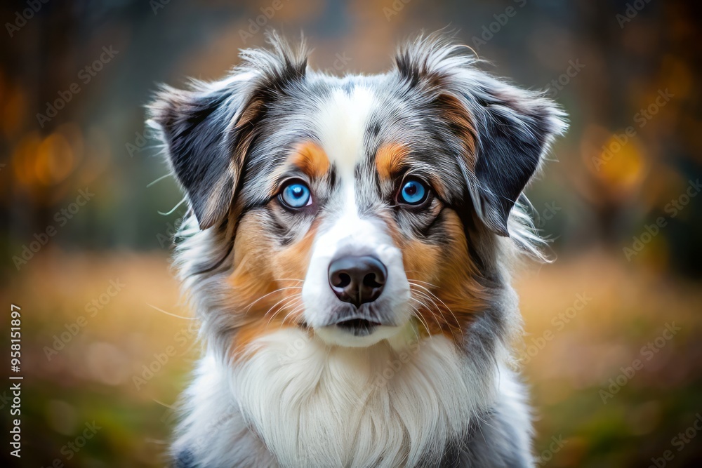 A stunning Australian Mini Shepherd stands proudly with a blue merle coat, flecks of gray and black mottling its fur, and bright blue eyes that sparkle with energy. A stunning Australian Mini Shepherd stands proudly with a blue merle coat, flecks of gray and black mottling its fur, and bright blue eyes that sparkle with energy.