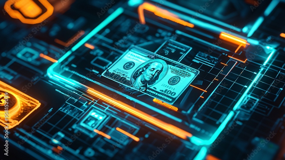 3D Render of a Secure Economic Platform Showcasing Protected Currency and Advanced Technol 3D Render of a Secure Economic Platform Showcasing Protected Currency and Advanced Technol