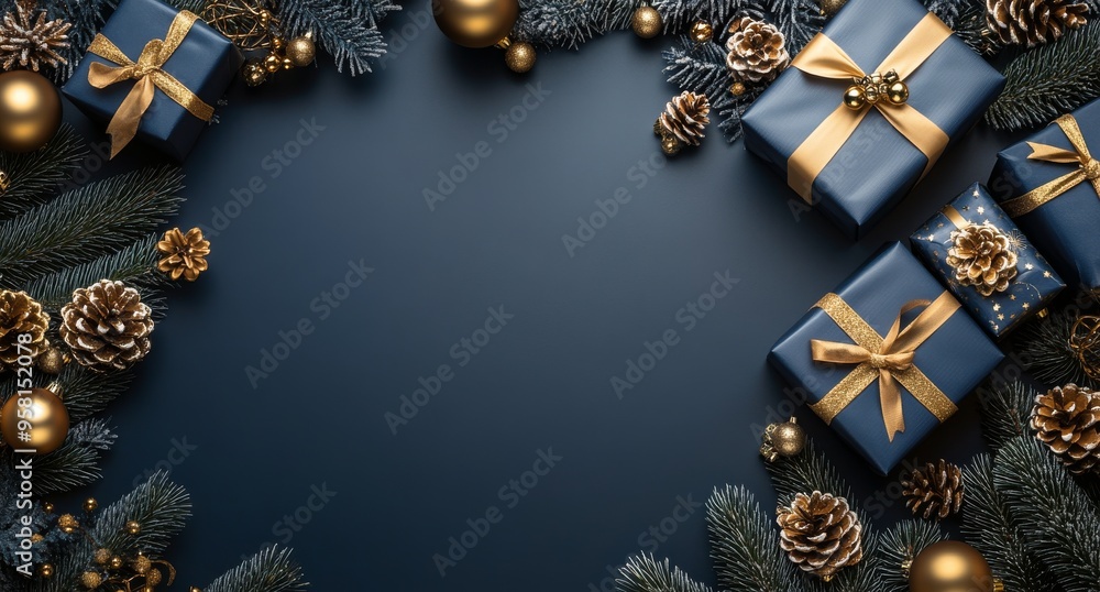Elegant holiday gifts arranged with pine leaves and ornaments on a dark background Elegant holiday gifts arranged with pine leaves and ornaments on a dark background