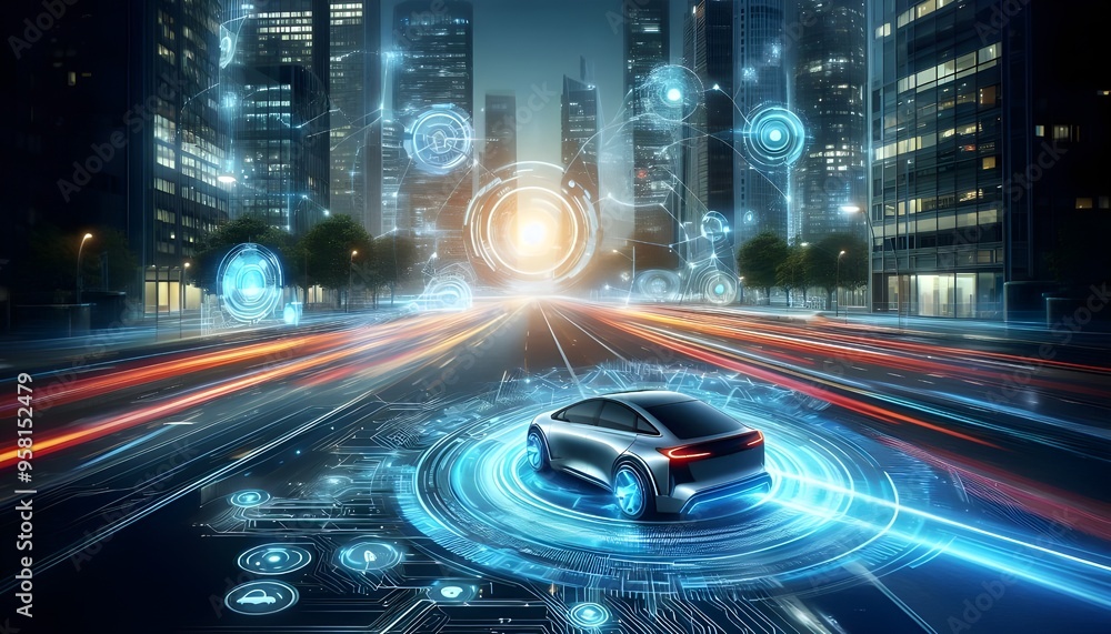 Autonomous vehicle technology and smart mobility concept with a car and dynamic light trails on a digital city road showcasing futuristic transportation and connectivity Autonomous vehicle technology and smart mobility concept with a car and dynamic light trails on a digital city road showcasing futuristic transportation and connectivity