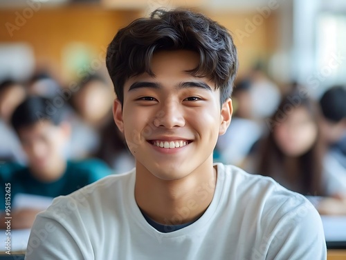 Smiling Asian Male Student in Classroom Photo