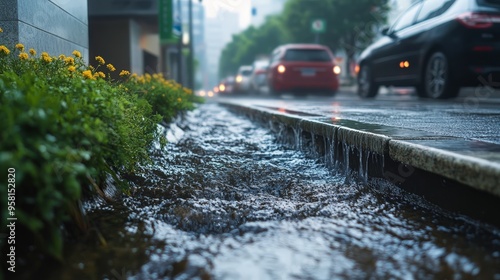 A busy urban street features a drainage channel with flowing water, cutting through the pavement.