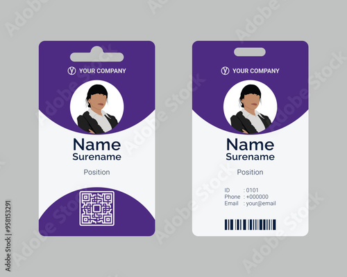 simple purple employee id card design template with editable text