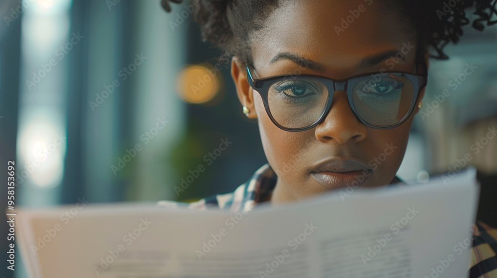Medium close-up of a business lady wearing glasses, reviewing documents at her desk with a serious look. Medium close-up of a business lady wearing glasses, reviewing documents at her desk with a serious look.