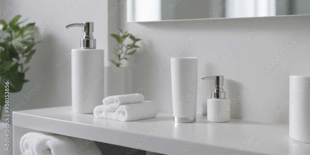 Modern White Bathroom Shelf with Various Items, Towels, Plant, C Modern White Bathroom Shelf with Various Items, Towels, Plant, C