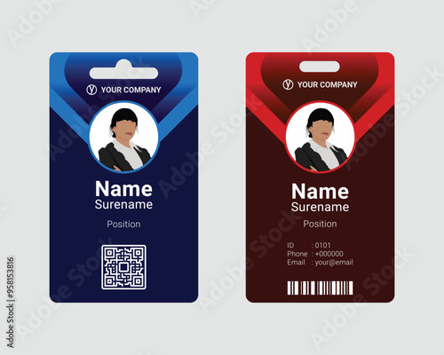 blue and red employee id card design template with editable text