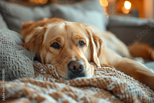 A Golden Labrador Retriever lounges on a modern living room couch, adding a touch of warmth and coziness to sleek interior  photo