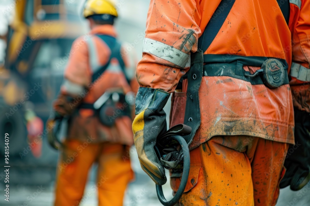 Construction worker wearing dirty orange protective suit holding cable on site with coworker in background Construction worker wearing dirty orange protective suit holding cable on site with coworker in background