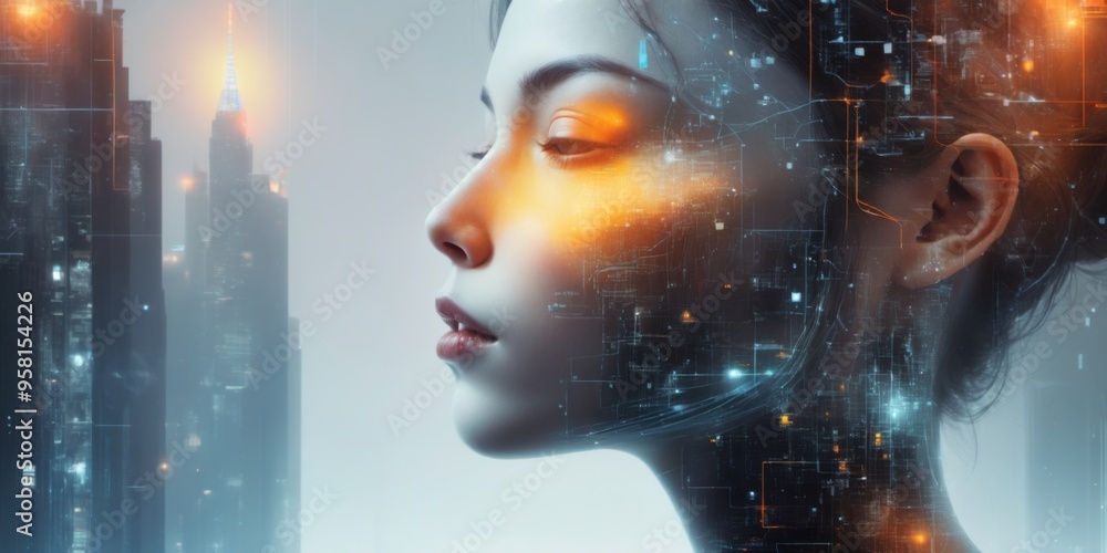Futuristic Portrait of Woman with Eyes Closed in Urban Cityscape Futuristic Portrait of Woman with Eyes Closed in Urban Cityscape