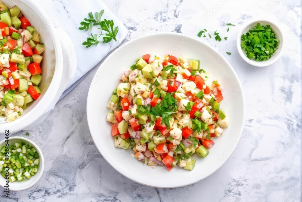 A Fresh Salad of Chopped Cucumber, Tomato, Red Bell Pepper, and White Cheese with Parsley A Fresh Salad of Chopped Cucumber, Tomato, Red Bell Pepper, and White Cheese with Parsley