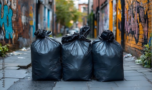 Three Full Black Garbage Bags Lined Up in a Narrow Alleyway