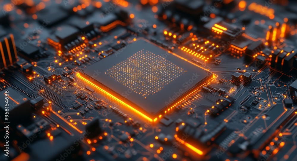Exploring the intricate details of a glowing microchip circuit on a dark background at night Exploring the intricate details of a glowing microchip circuit on a dark background at night