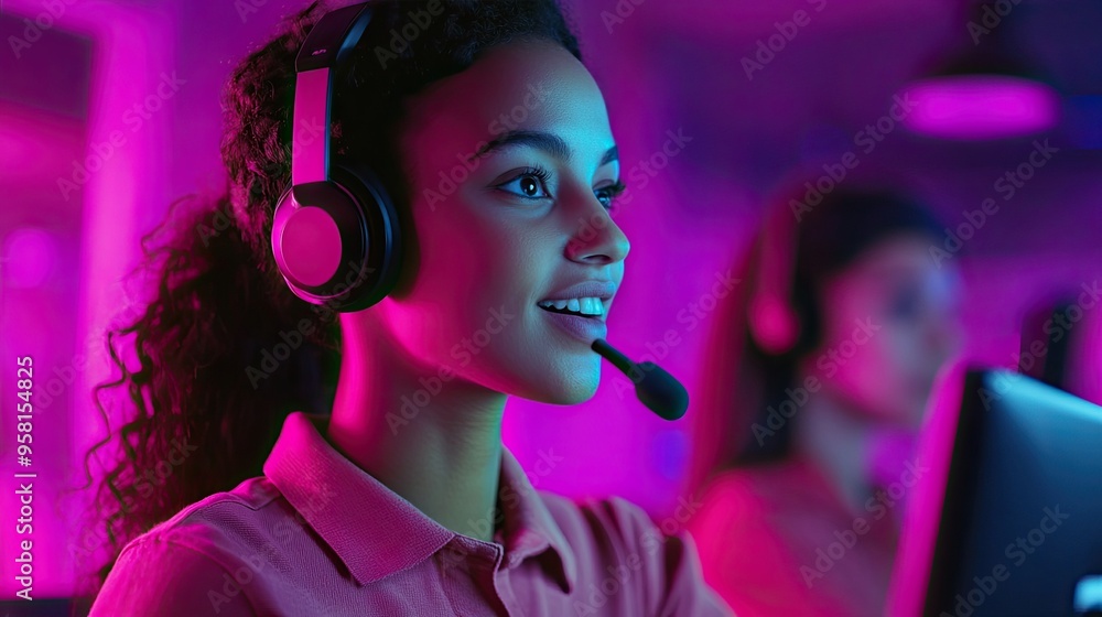 Call center hustle with neon pink and purple background, capturing a high-energy environment. Call center hustle with neon pink and purple background, capturing a high-energy environment.