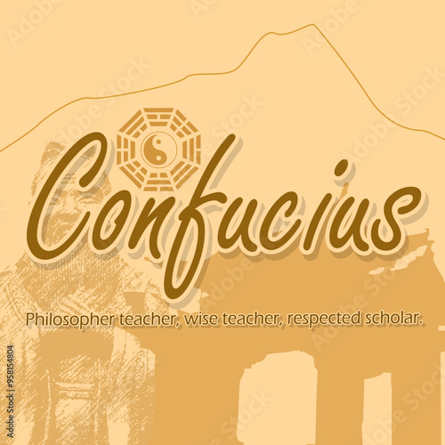 Confucius Day event banner. Calligraphic text with Yin Yang and sentence on cream background to celebrate on September 29th