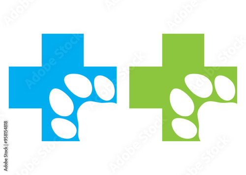 Logo de clínica de mascotas. Silueta de cruz con pata de gato o perro en espacio negativo