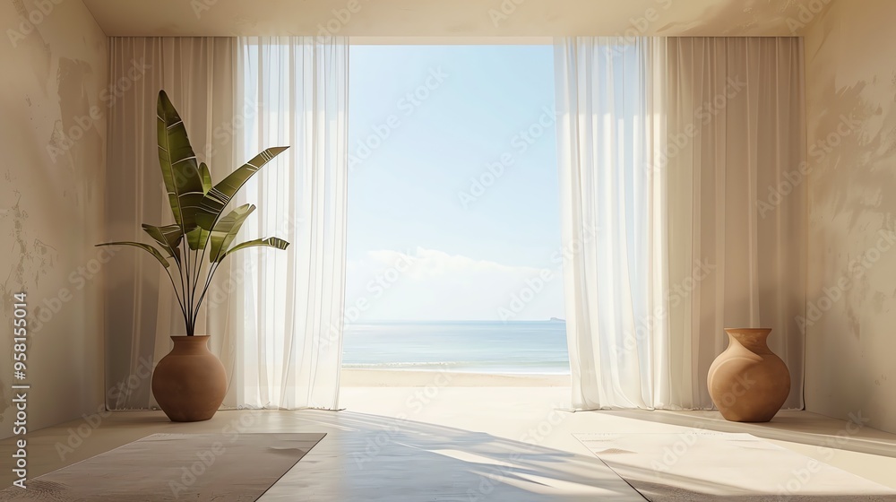 Empty room in luxury summer beach house with sea view. AI generated image Empty room in luxury summer beach house with sea view. AI generated image