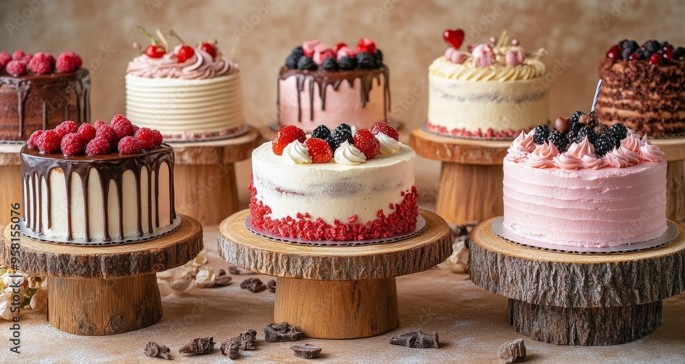 Delicious selection of gourmet cakes arranged on wooden stands for a festive celebration Delicious selection of gourmet cakes arranged on wooden stands for a festive celebration