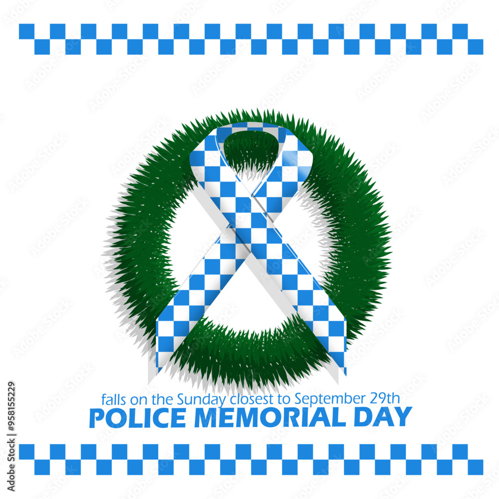 National Police Memorial Day event banner. A ribbon with a checkered police pattern and a garland on a white background to commemorate September National Police Memorial Day event banner. A ribbon with a checkered police pattern and a garland on a white background to commemorate September